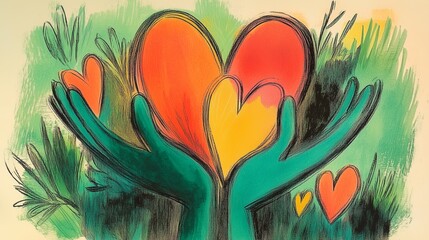 A vibrant illustration featuring two hands gently cradling three heart shapes in shades of red, orange, and yellow. The background is adorned with abstract green foliage patterns