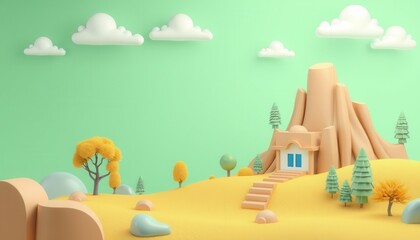 Wall Mural - Cartoon landscape with a house, mountains, trees and clouds.