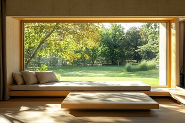 Aufkleber - This image features a minimalist room with large window allowing sunlight to pour in, a simple wooden bench, and a coffee table in a clean, modern aesthetic.