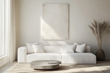 Poster - A contemporary living room featuring neutral tones, soft seating, a large rectangular ceiling artwork, a round coffee table, and sunlight pouring through tall windows, creating a calm environment.