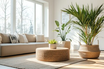 Poster - A modern living room bathed in sunlight, featuring a large window, lush greenery, a beige sofa, a wicker coffee table, and a cozy rug, all in a minimalist setting.