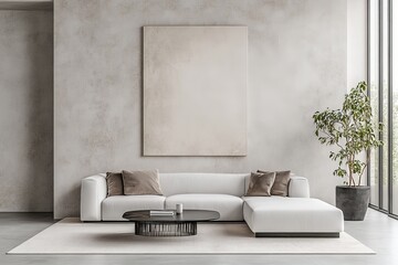 Aufkleber - An elegant living room showcasing a large potted plant, minimalistic furniture including a sleek white sofa, a dark wood coffee table, and neutral decor elements, bathed in natural light.