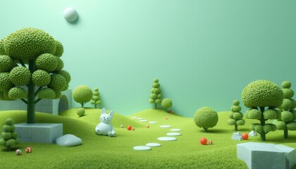 Cute bunny sits in a green field with white stone path.