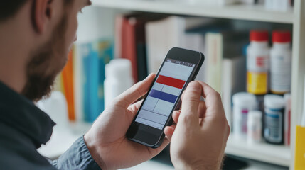 A man is holding a cell phone and looking at it