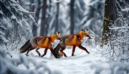 Wall Mural - Foxes traversing a snow-covered winter forest in serene wildlife setting