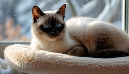 Serene Siamese cat lounging on a plush cushion with a winter landscape softly illuminated through the window