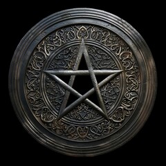 Intricate silver pentagram medallion with ornate design

