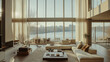 © angsana - The living room has a high ceiling and a glass window that looks out onto the river outside. cream, brown, and white tones in a loft style