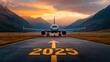 © AI Visual Vault - Airplane Taking Off into 2025:  A powerful image of an airplane taking off against a backdrop of majestic mountains and a breathtaking sunset. The runway is marked with the year '2025'.
