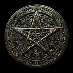 Intricate silver pentagram medallion with ornate design

