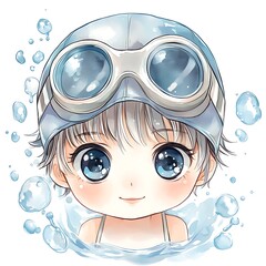 Wall Mural - Cute Anime Girl Swimming With Bubbles.