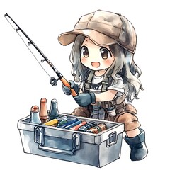 Wall Mural - Cute Anime Girl Fishing with Tackle Box.