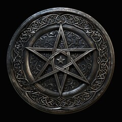 Intricate silver pentagram medallion with ornate design

