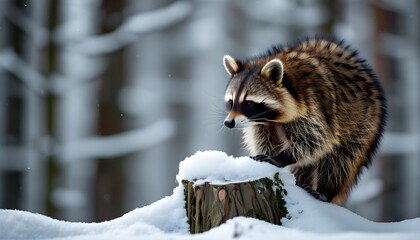 Wall Mural - Curious raccoon investigates snow-laden tree stump amidst a blurred forest backdrop