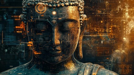 Canvas Print - Digital Buddha with glowing lights.