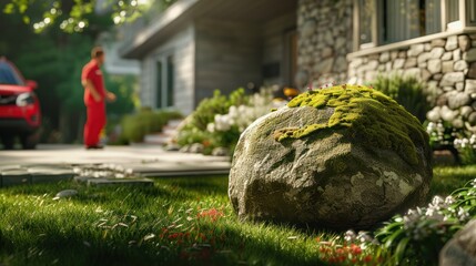 Wall Mural - A large moss-covered rock in a lush garden