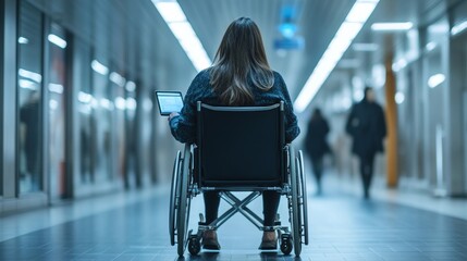 Wall Mural - Tablet, discussion and business woman in wheelchair online for meeting, planning and talking. Office building, corporate team and person with disability in corridor on digital tech for, Generative AI