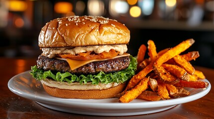 A juicy cheeseburger served with crispy sweet potato fries on a clean white plate.