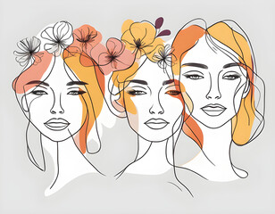 Abstract Four face with flowers by one line vector drawing background