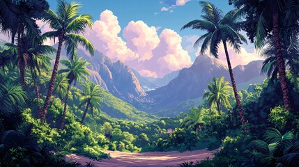 Wall Mural - Panoramic vector illustration of a thriving tropical forest, featuring a rich variety of palm and tropical trees in a lush landscape.