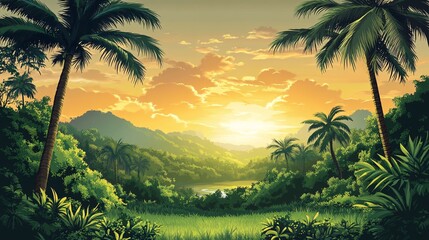 Wall Mural - Tropical landscape in vector style, highlighting a diverse array of palm and tropical tree species in a wide panoramic view of the forest.