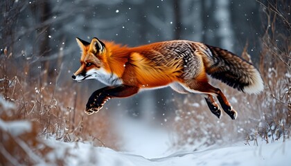 Wall Mural - Graceful red fox pouncing through a serene snowy landscape