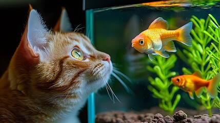 A curious cat peers at goldfish swimming in an aquarium, captivated by the sight.