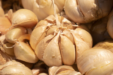 A collection of garlic ready to be sold and purchased at a modern market. Organic garlic harvest.