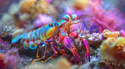 Wall Mural - Vibrant and Vivid Shrimp Crustacean in Exotic Underwater Coral Reef Ecosystem