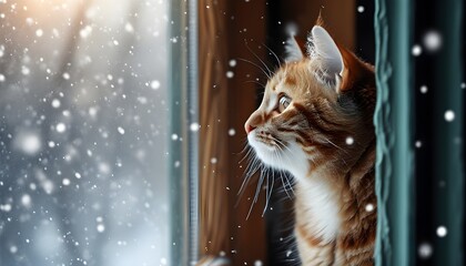 Wall Mural - Curious cat gazing at serene snowfall from a cozy window perch