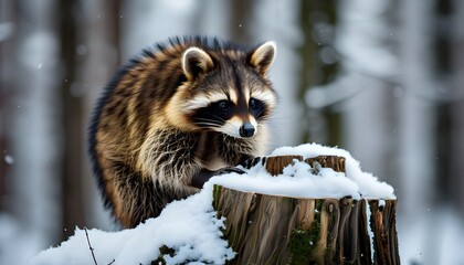 Wall Mural - Curious raccoon investigates snow-laden tree stump amidst a blurred forest backdrop