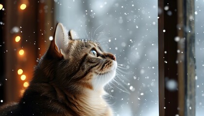 Wall Mural - Curious cat gazing at serene snowfall from a cozy window perch