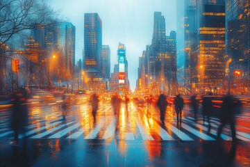 Wall Mural - bustling city crosswalk at dusk blurred figures crossing vibrant traffic light trails urban energy