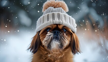 Wall Mural - Playful Shih Tzu Wearing Cozy Hat Against a Blurry Snowy Backdrop