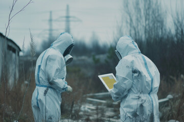 Two scientists in protective gear examining a contaminated industrial site, with a focus on environmental research and hazard assessment. 