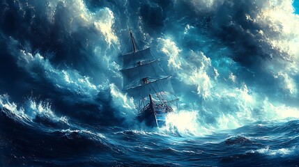 Sticker - A majestic sailing ship braves a stormy sea with dramatic clouds and waves crashing around it.