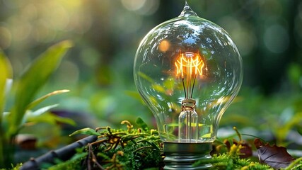 Poster - A light bulb illuminates the area, sitting on vibrant moss amidst green leaves and soft forest light, creating a tranquil and enchanting atmosphere.