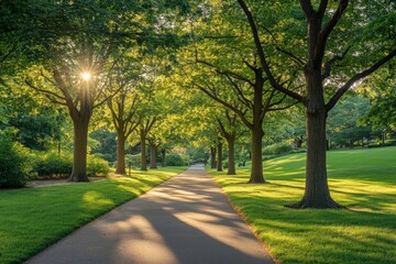 A picturesque walking path with neatly lined trees and lush green surroundings under the warm rays of the sun, offering a scenic and peaceful experience for nature lovers.