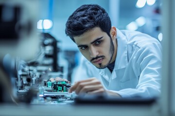 Poster - A young engineer, dressed in a white lab coat, carefully examines a circuit board in a modern laboratory setting, emphasizing concentration and precision in electronics work.