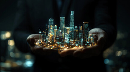 Businessman holding virtual city model with glowing skyscrapers and buildings on dark background, real estate concept. The man in the suit is showing a miniature metropolis at night. 