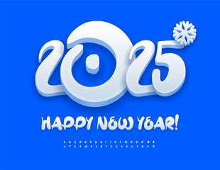 Poster - Vector funny Greeting Card Happy New Year 2025! Playful 3D Font. White Snow Alphabet Letters and Numbers set.