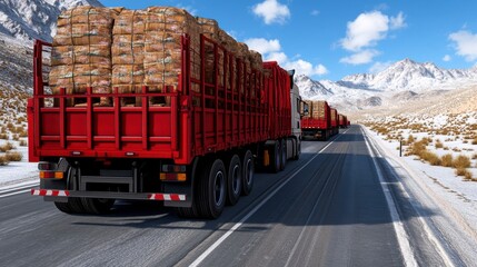 A convoy of red trucks transporting goods through a scenic mountainous landscape under a clear blue sky.