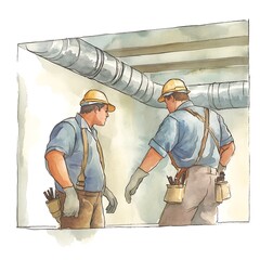 Two Construction Workers Discussing Plans in a Building's Attic.