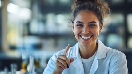 Leinwandbilder - A young scientist smiling confidently while holding a test tube shows the progress and curiosity in modern scientific laboratory research environments.