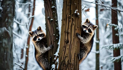 Wall Mural - Curious raccoons adventuring on a snowy tree trunk in a charming wildlife moment