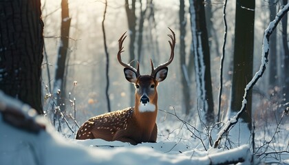 Wall Mural - Serene winter forest with tranquil wildlife amidst snow-covered trees