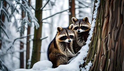 Wall Mural - Curious raccoons adventuring on a snowy tree trunk in a charming wildlife moment