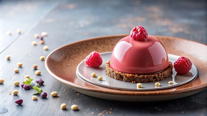 luxurious red mousse dessert topped with fresh raspberries on crunchy base