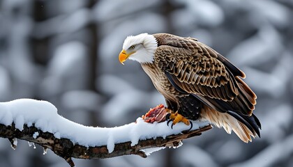 Wall Mural - Majestic bald eagle surveying the snowy landscape from a branch, poised for the hunt