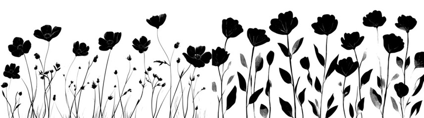 Wall Mural - A modern set of abstract ink drawings of wild plants, herbs, or flowers on stems. Grunge style brush painting black flowers silhouettes with botanical stencils. Camomile, daisy, aster hand drawn